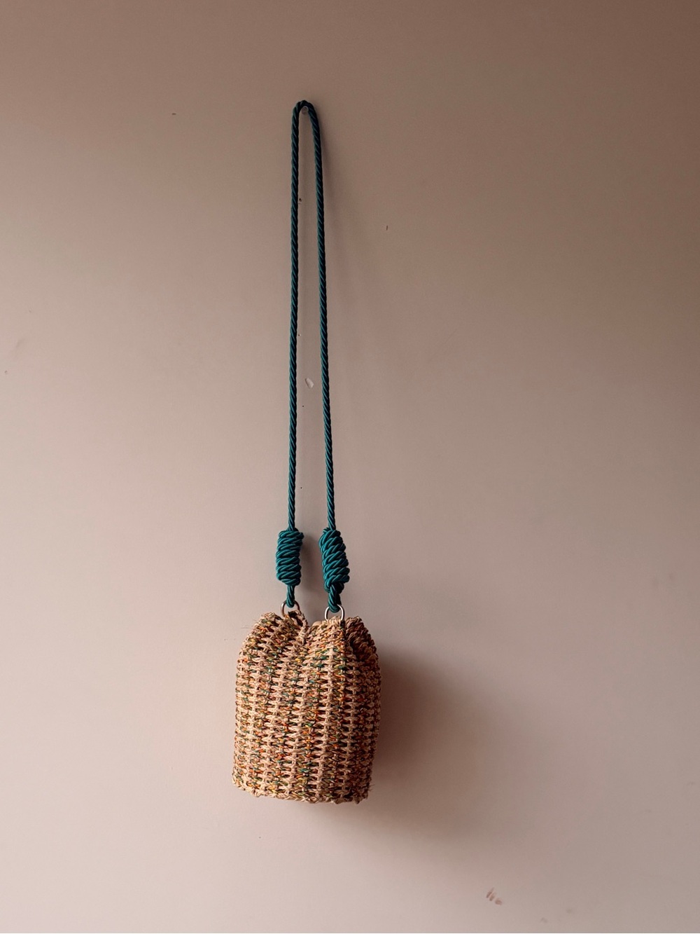 Woven Straw Bucket Bag with Teal Rope Strap